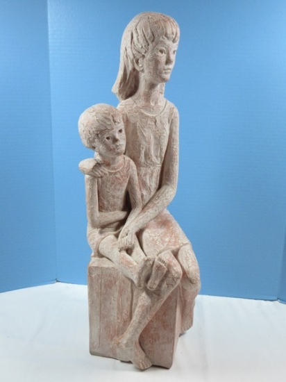 Precious Mother and Child Portrayal Sculptured 26" Figural Statuette Distressed White Patina