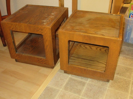 Pair Walnut Mid Century Modern Cube Design Accent Low End Tables w/ Lower Shelf and Raised