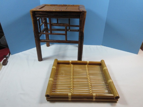 Vintage Bamboo Side Table/Stool and Bamboo Rectangle Tray (Approx. 15" Top 13 1/2" x 10 3/4")