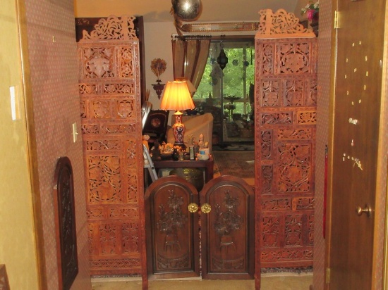 Elaborately Hand Carved Wooden End Entry Panels w/ Double Arched Panel Asian Design
