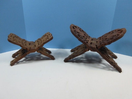 2 Traditional Hand Carved Folding Book Stands Intricate Design