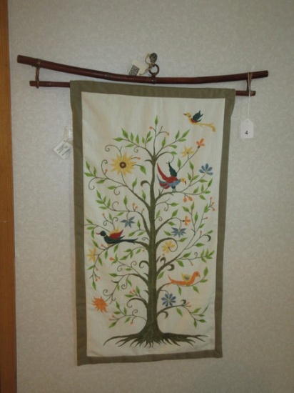Ten Thousand Villages Chinoiserie Embroidered Tree of Life Wall Decor w/ Bamboo