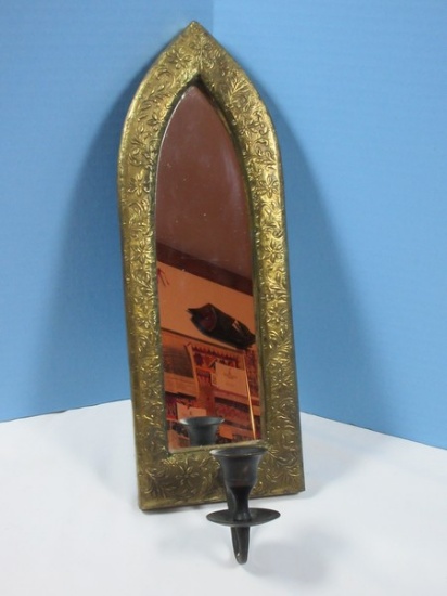 Two's Company Embossed Cathedral Style Framed Mirror Wall Sconce Floral and Foliage Design
