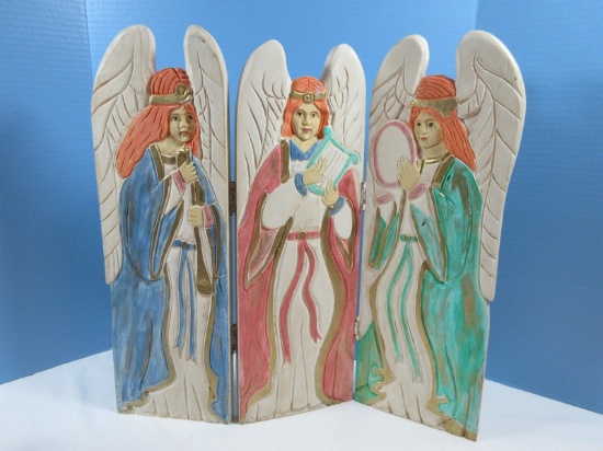 Trifold Carved Wooden 20" Angel Band Figures Hand Painted