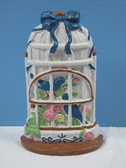 Adorable Cast Iron Blue Birds and Florial Birdcage Figural Door Stop Hand Painted 9 3/8" H