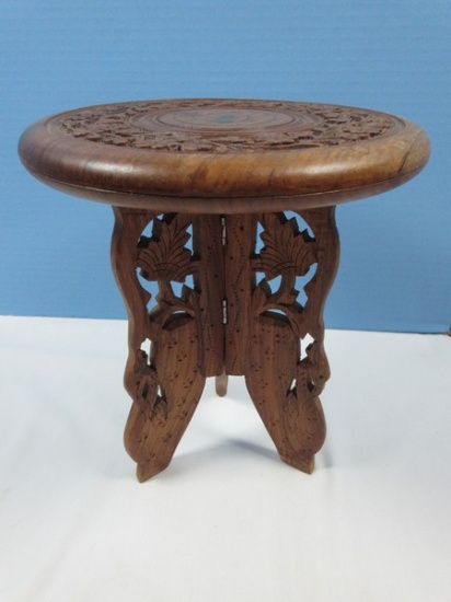 Round Traditional India Carved 10" Accent Table Brass Inlay Center Floral Foliage Border