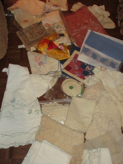 Lot Misc. Needlework Dresser Scarved, Table Runners, Crochet Doilies, Handmade Lace