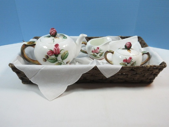 5 pc Ceramic Teapot w/ Creamer and Covered Sugar Relief Pinkish Red Foliage Rose Design