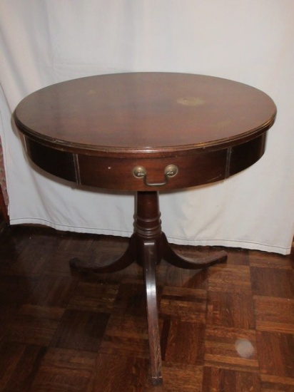 Round Mahogany Pedestal Drum Table w/ Dovetail Drawer