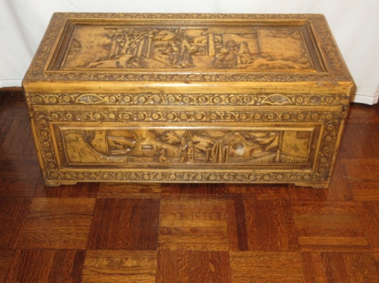 Exceptionally Carved Wooden Oriental Courtyard/Landscape Scencas Panel Storage Chest
