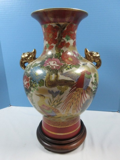 Translated Central Satsuma Demi Porcelain 14 1/2" Vase Hand Painted Pheasant Flower Garden