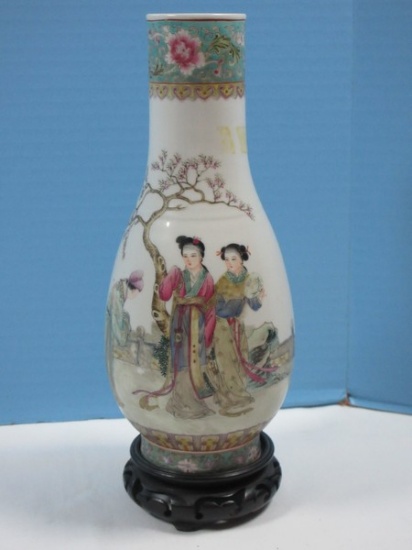 Chinese Porcelain 9 1/4" Vase Famille Rose Enamels Geishas Garden Scene w/ Base Stand