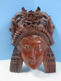 Incredible Detail Carved Deity Mask of Woman Keaddress w/Birds Inlayed Eyes