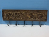 Carved Wall Coat/Hat Rack Plaque Herd of Elephants in Tree Grove w/ 5 Black Metal Hooks