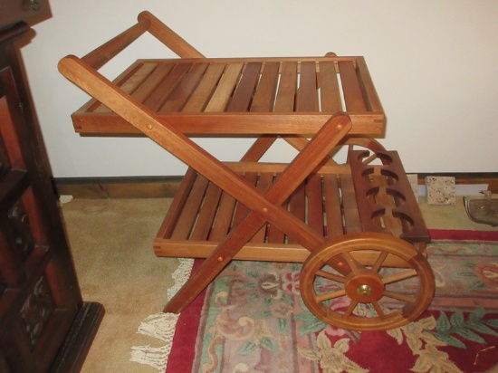 Classic Teak Wood Bar  Beverage Cart Slat 2 tier Shelves, Spoke Wheels & 4 Bottle Holder