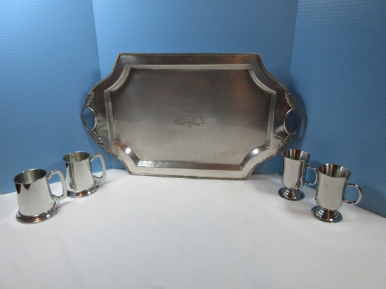 Engraved Grand Hotel De Paris 1921 Serving Tray 26" x 15 1/2" Pair 18/8 Stainless Irish Mugs,?