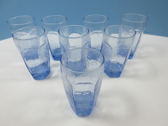 Set of 8 Libbey Glass Co. Chivalry Blue Pattern 5 1/4" Flat Tumblers 12 oz. Heavy Textured?.