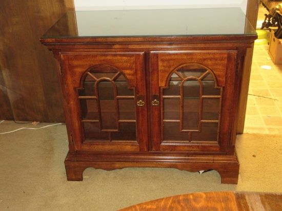 Buffet Server Elegant Sheraton Style Fruitwood Finish Arched Fretwork Double Glass Doors?