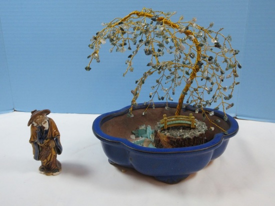 Cobalt Blue Glaze Stoneware Footed Planter w/Elderly 5" Mudman Figurine & Wire Bonsai Tree