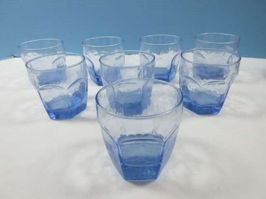 Set of 8 Libbey Glass Co. Chivalry Blue Pattern 3 3/8" On the Rocks Glasses Heavy Textured?
