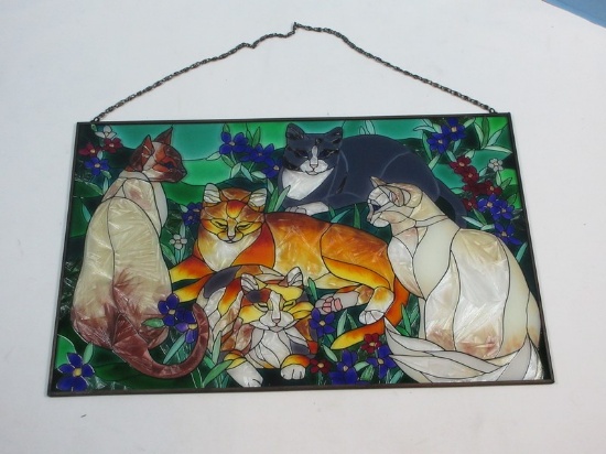 Adorable Tiffany Style Joan Baker Titled "Tiffany Cats" in the Garden Suncatcher Panel 16" x 10"