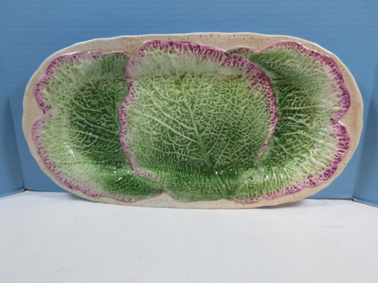 Ceramiche Leonardo Majolica Style Cabbage Leaves Relief Design Oblong 20" Platter