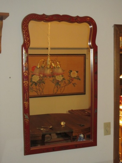 Gorgeous Chinoiserie Decorative Finish Framed Wall D‚cor Mirror Gilt Trim Cinnabar Finish