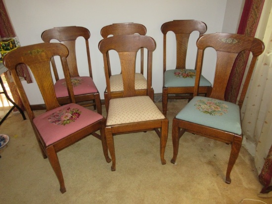 Set of 6 Stately Tiger Oak Curved Back Side Chairs 2 Mauve/2 Blue Needlepoint Floral Bouquet..