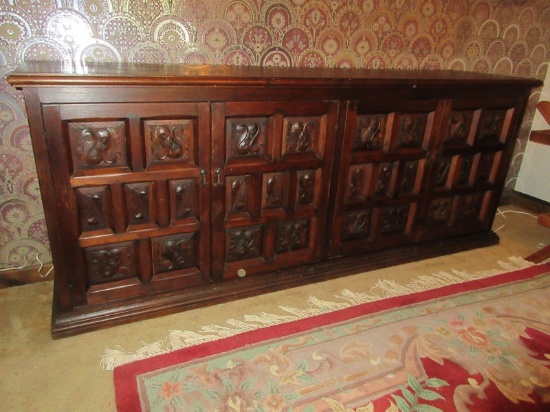 Impressive Large Intricately Carved 4 Door Credenza Buffet Asian Design Scroll & Foliage Design