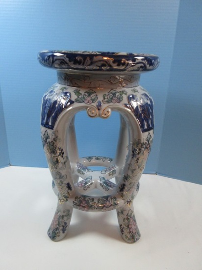 Exceptional Semi Porcelain 17" Stool Spectacular hand Painted Oriental Adorned Design Cobalt