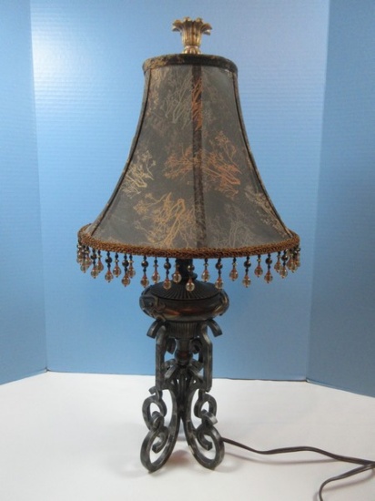 European Chinese Style 26" Lamp Ornate Metal Scrollwork Base Embossed Resin Font w/ Bell..