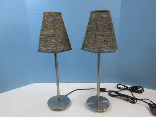 Transitional Modern 18" Candlestick Accent Lamps on Sphere Feet w/Beaded Hexagonal Shades