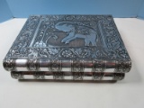 Hand Crafted Heavily Detailed Stacked Books Design Lined Jewelry Box Embossed Elephant &