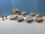 14 pcs Chikaramachi China Lusterware Tea Set Hand painted House & Landscape Design 3 Cups,..