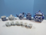 Lot Blue/White Porcelain Asian Designs Semi Porcelain Square Covered Temple Jar, 5 1/2