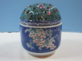 Semi Porcelain Oriental Flower Frog Dome Vase Potpourri Jar Hand Painted Grape Vine/Flower