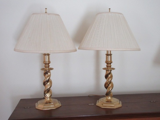 Elegant Pair Brass Barley Twist Candlestick 28" Table Lamps w/Pleated Shades