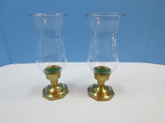 Pair Solid Brass Octagon Base Candlesticks w/Hand Blown Glass Shades 8 1/2"H