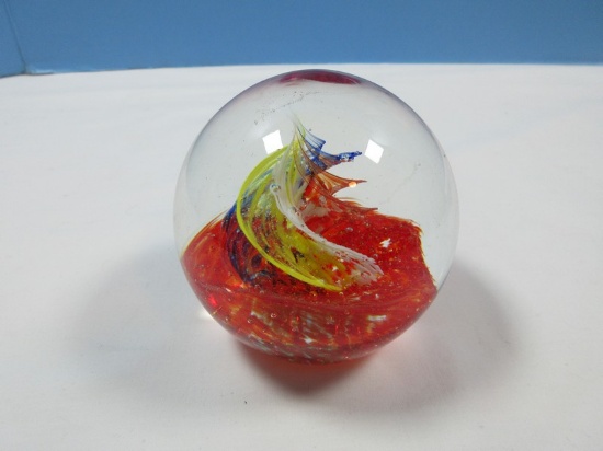 Gorgeous Art Glass Sphere Paper Weight Royal Blue, Yellow and White Swirl Red Aerated