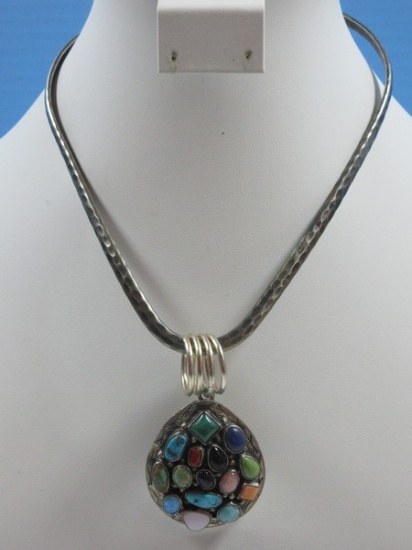 Signed T. Benally Sterling Silver Rainbow Dazzling Navajo Native American S-Western Pendant