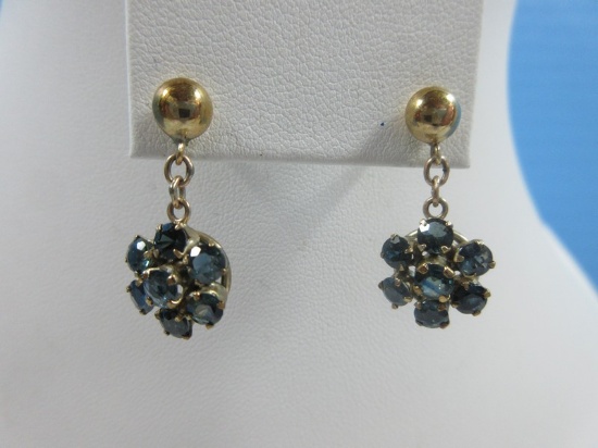 Pair 18K Gold Pierced Sapphires Flower Cluster Dangle Earrings.   Estimate $ 1,280