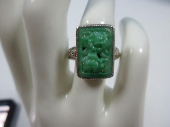 Sterling Lady's Hand Carved Jade Floral Ring   Size 8 3/4