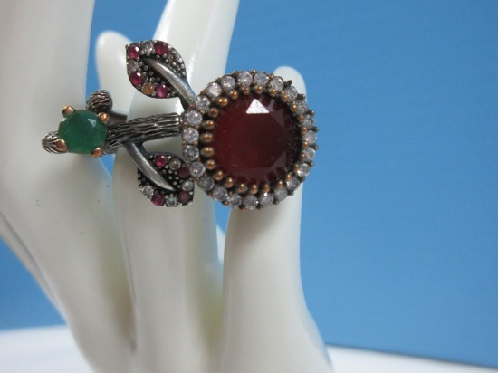 925 Sterling Lady's Fashion Hinged Stem Flower Ring Multicolor Simulant Gemstones   Size 8 1/4