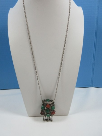 Ornate Sajai Pendant Coin Purse/Trinket Box Necklace Adorned w/Gemstones