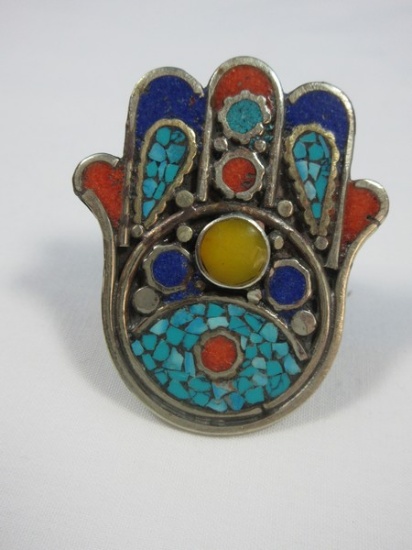 Unique Mixed Gemstone Fatima Hand Figural Tibetan Sacred Hand Jade Ring Turquoise, Lapis, &