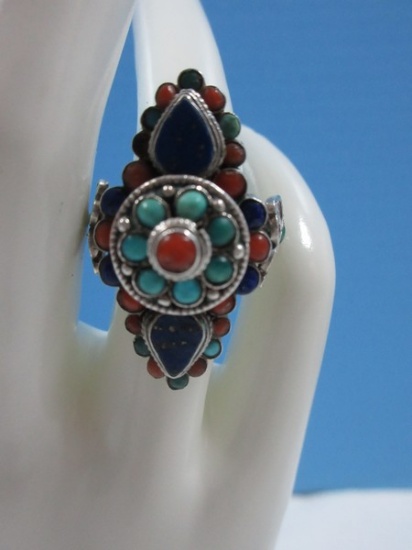 Lady's 925 Sterling Tibetan India Nepali Bollywood Design Ring Turquoise, Coral, Lapis Size 8