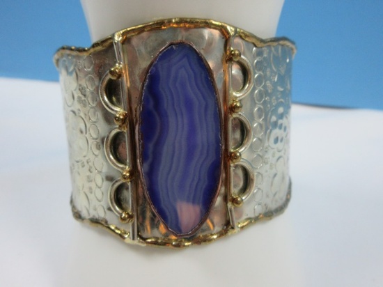 Purple Slice Colored Agate Cuff Bracelet Engraved Flowers & Foliage Design
