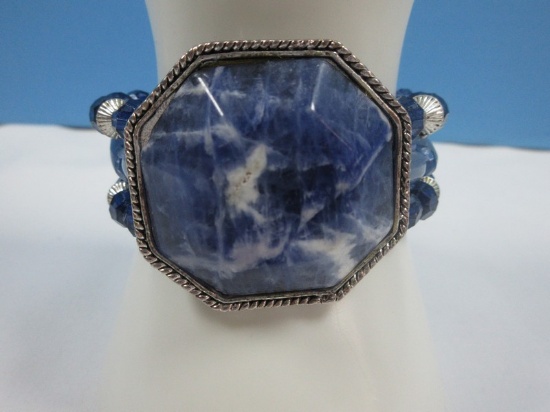Awesome Large Sodalite Gemstone Royal Blue Center Faceted Stone Beaded Band Cuff Bracelet