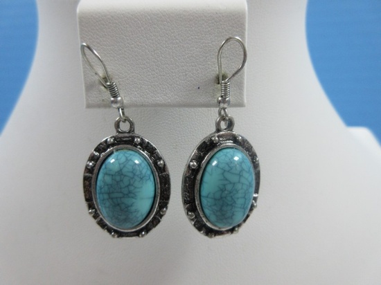 Pair Turquoise Oval Shaped Cabochon Pierced Dangle Earring