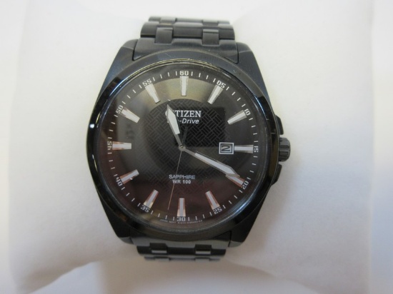 Citizen Eco-Drive Sapphire WR100 Black Face and Band Mens Wrist Watch Date Calendar Working